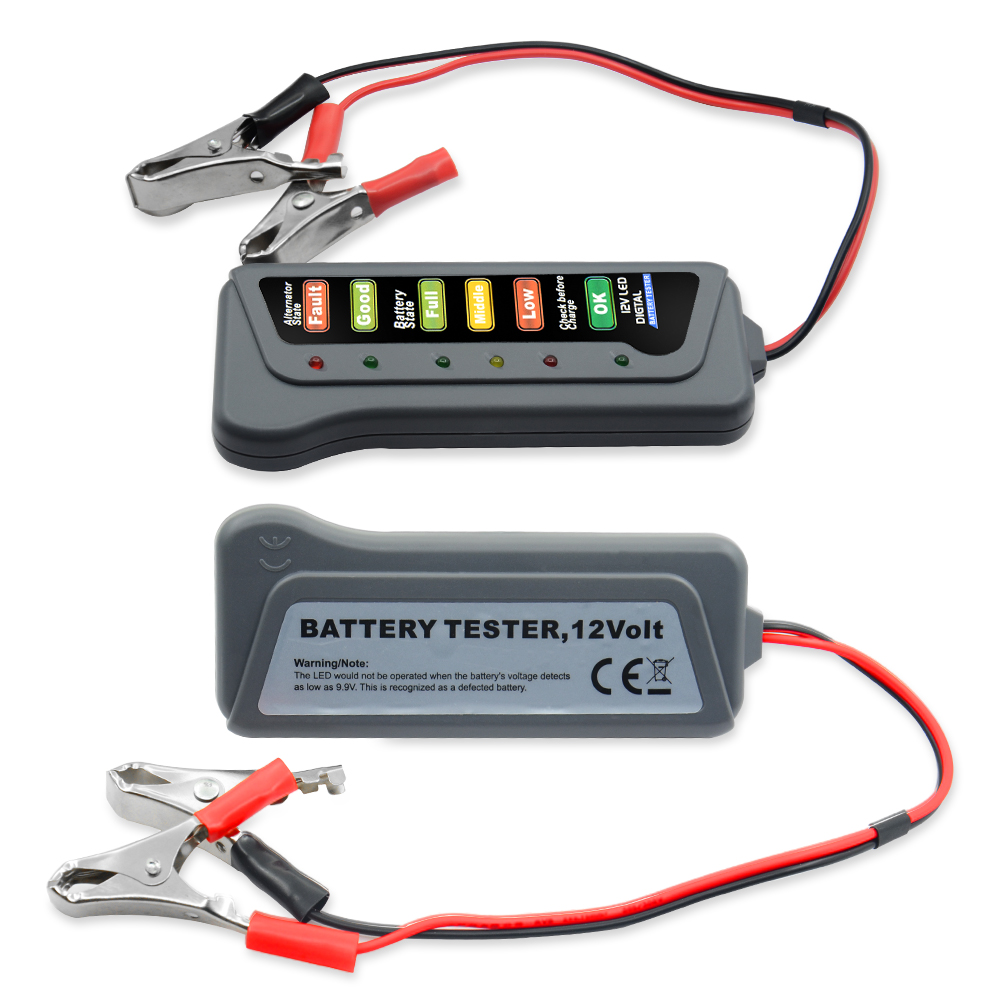 12v digitale accutesters met 6 led-displaylampjes, accutesters met remvloeistofmeter voor auto's en motoren.