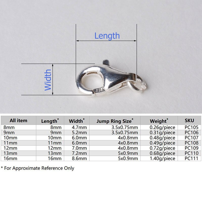 Solid 925 Sterling Zilveren Karabijnsluiting, Snap Sluiting Met 1 Open Jump Ring 8-16Mm