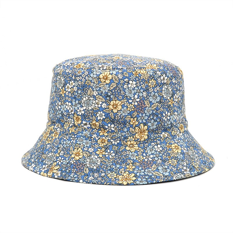 2022 Floral Print Cotton Bucket Hat Women Double Side Reversible Cap Female Panama Fisherman Hats Spring Summer: Blue