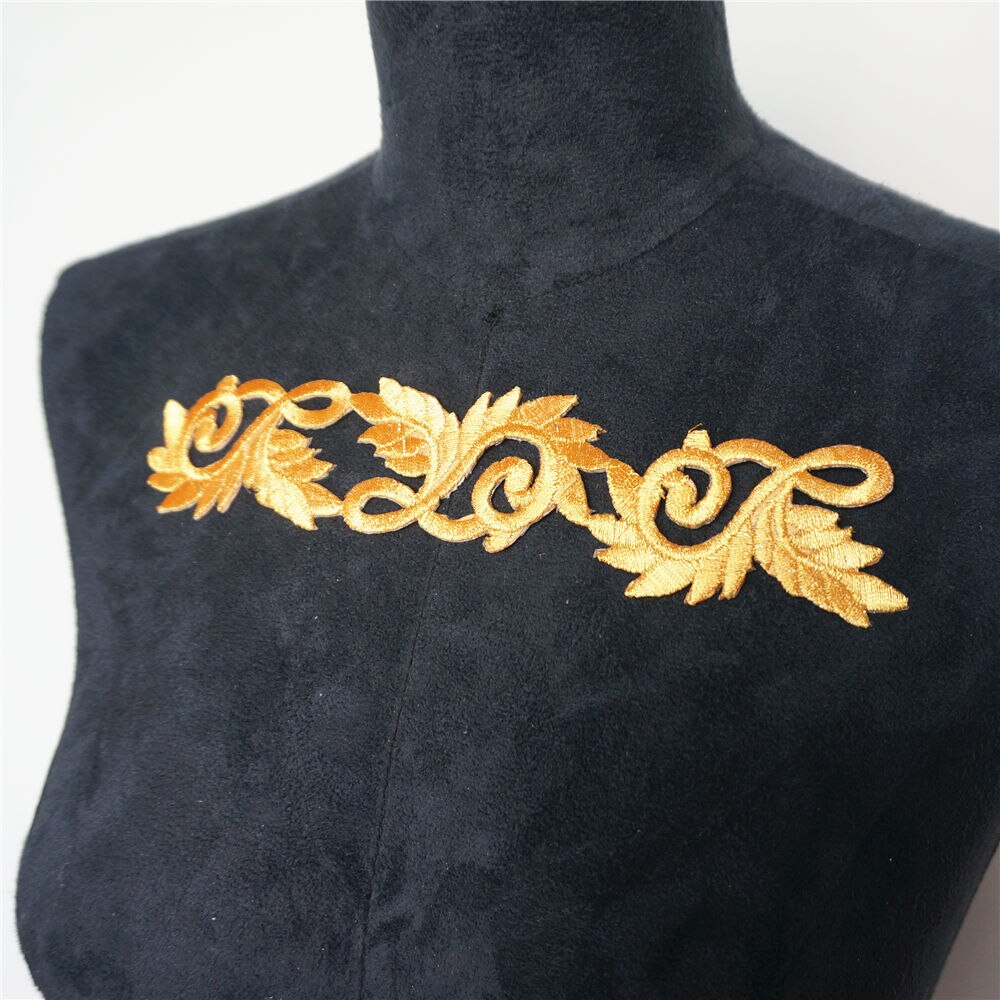 Parches bordados con de hojas y flores dorados y plateados para coser plancha sobre insignia, distintivos étnicos huecos para ropa, decoración DIY