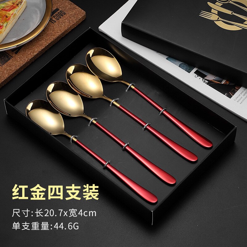 4Pcs Colorful Spoons Set Mirror Cutlery Set 304 Stainless Cutlery Set Spoon Silverware Set Box: Red Gold Set