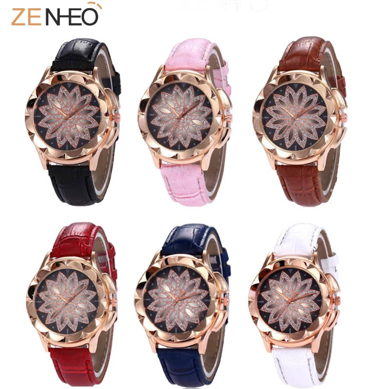 Luxe dames armbandhorloge leren band polshorloge bloem kristal strass quartz horloges casual damesklok