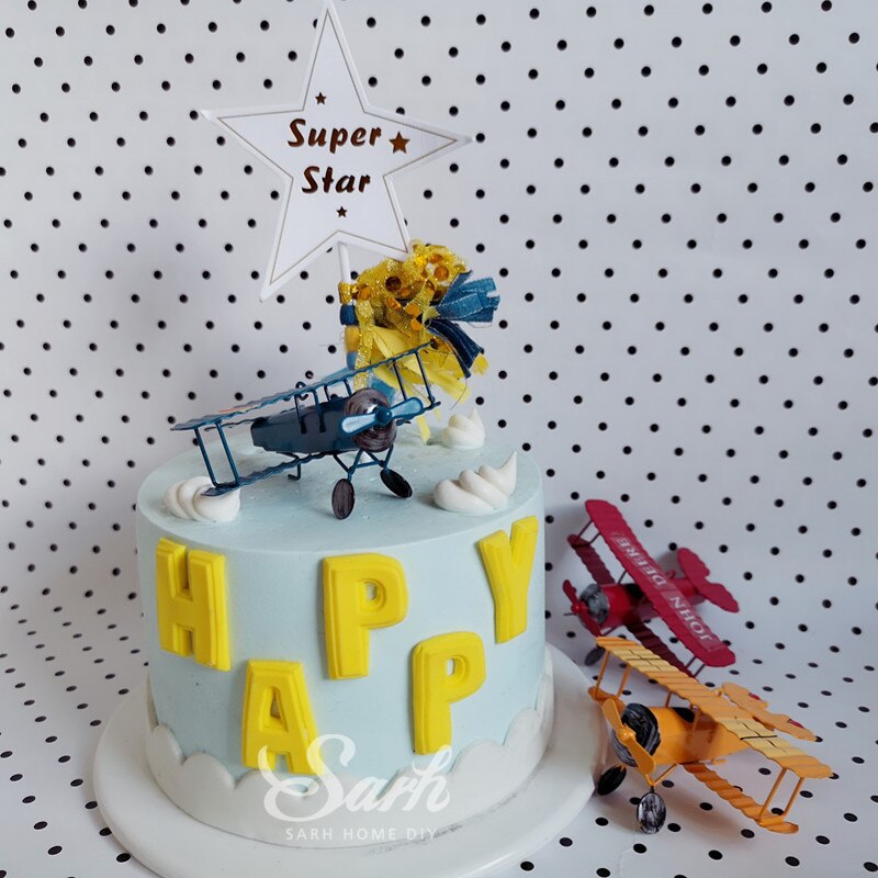 Décorations de gâteau d'avion rétro rouge bleu jaune, décorations de fête d'anniversaire pour pâtisserie, mignons