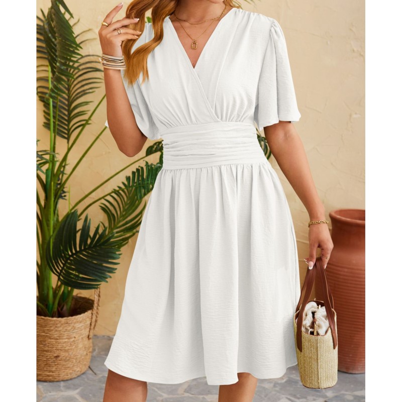 Forår/sommer v-hals kjole med flare ærmer til kvinder slim fit ensfarvet knælang kjole vestidos femme