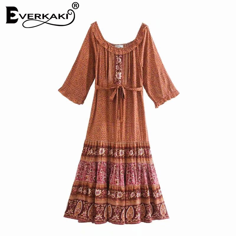 Everkaki Boho Bloemenprint Maxi Jurk Vrouwen Zomer Herfst Vestidos Met Sjerpen Dames Jurken Vrouwelijke: Orange / M