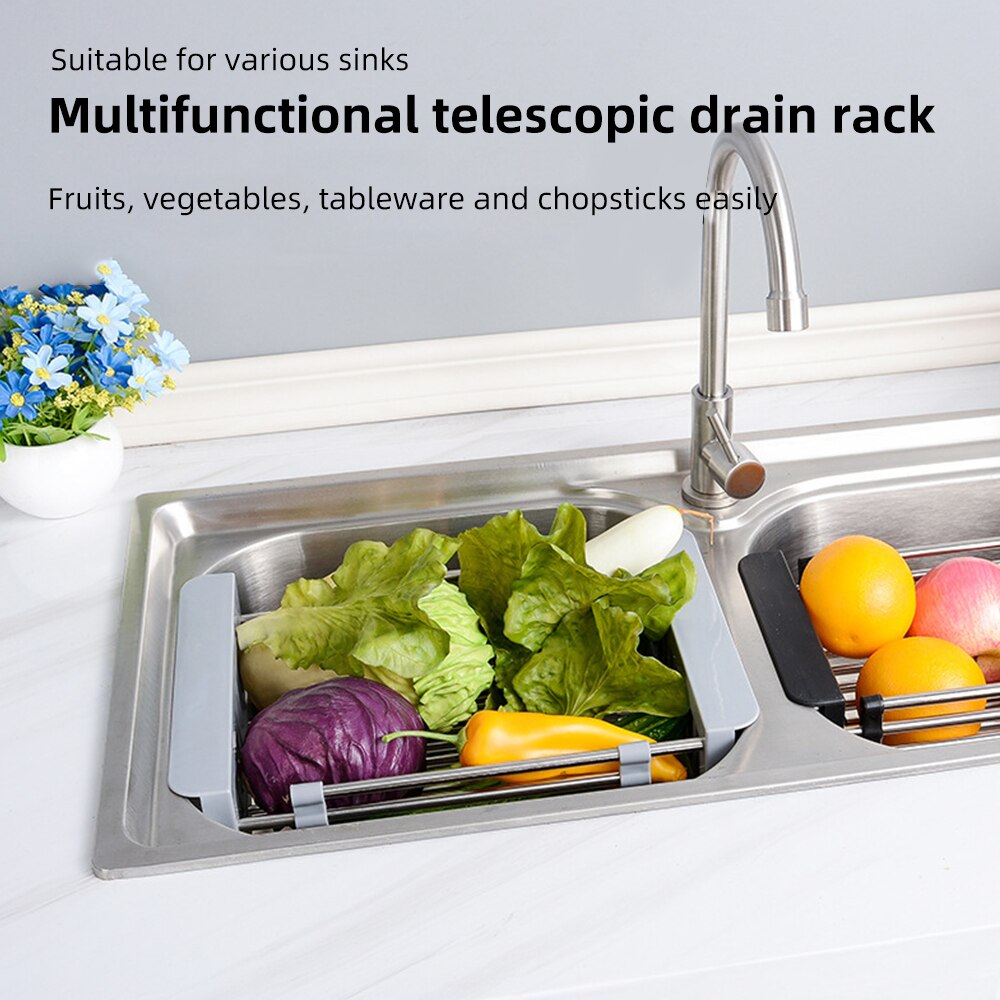 Retractable sink saucer drain basket stainless steel fruit tray drain device kitchen sink organizer dish rack