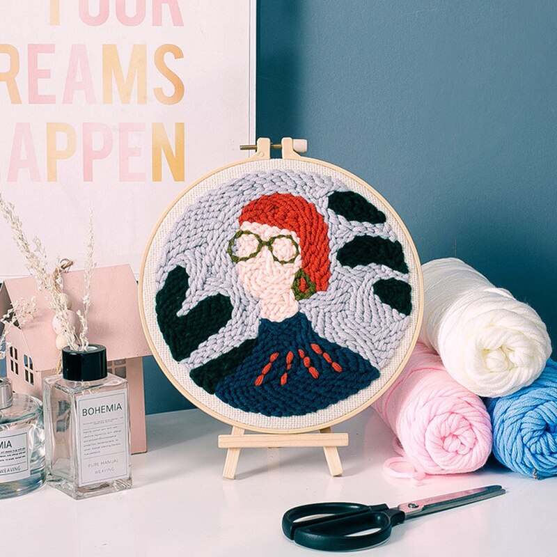 Girl DIY Punch Needle Embroidery Kit with Hoop Pattern Printed Needlework for Beginner Sewing Art Handmade Craft Decor