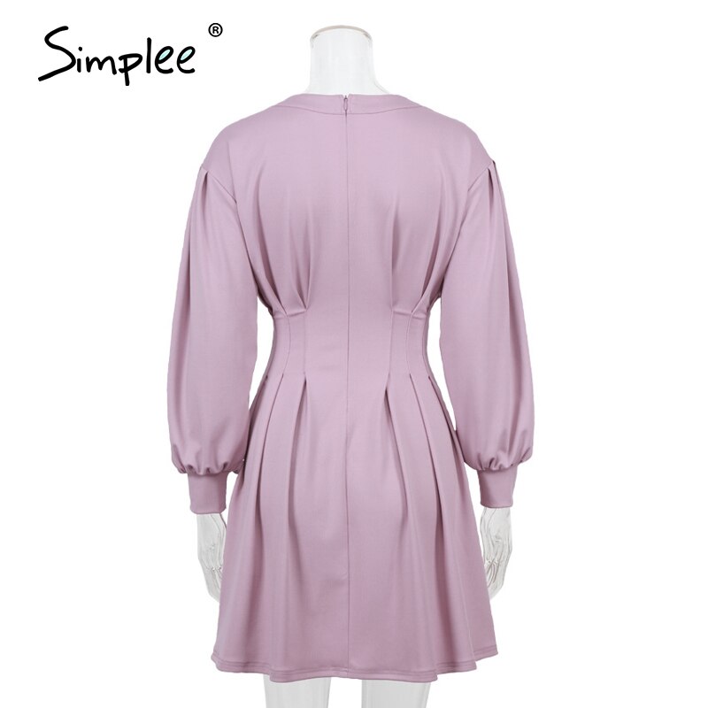 Simplee – robe courte plissée violette pour femme, vêtement féminin à manches bouffantes et à col rond, coupe ajustée, printemps