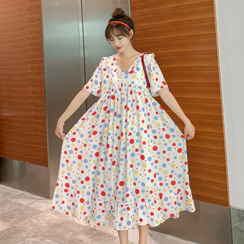 Summer Korean Maternity Long Dress A Line Clothes for Pregnant Women Sweet Polka Dot Pregnancy