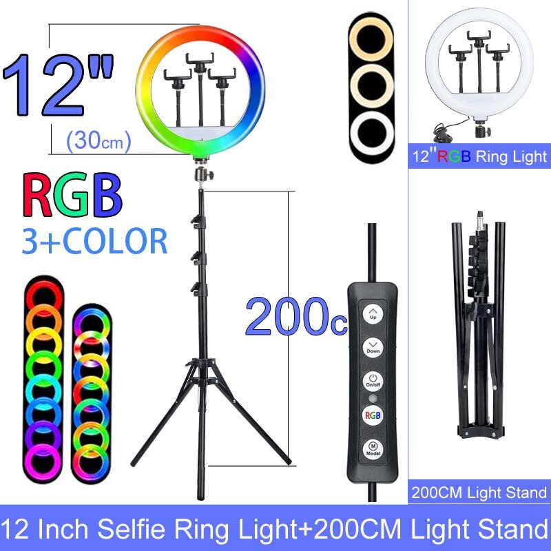 Fotografie Lamp Licht Ring Met Telefoon Houder Selfie Usb Plug Dimbare 6 8 10 12 14 Inch Beschikbaar In verschillende Maten: 12inch RGB 200cm
