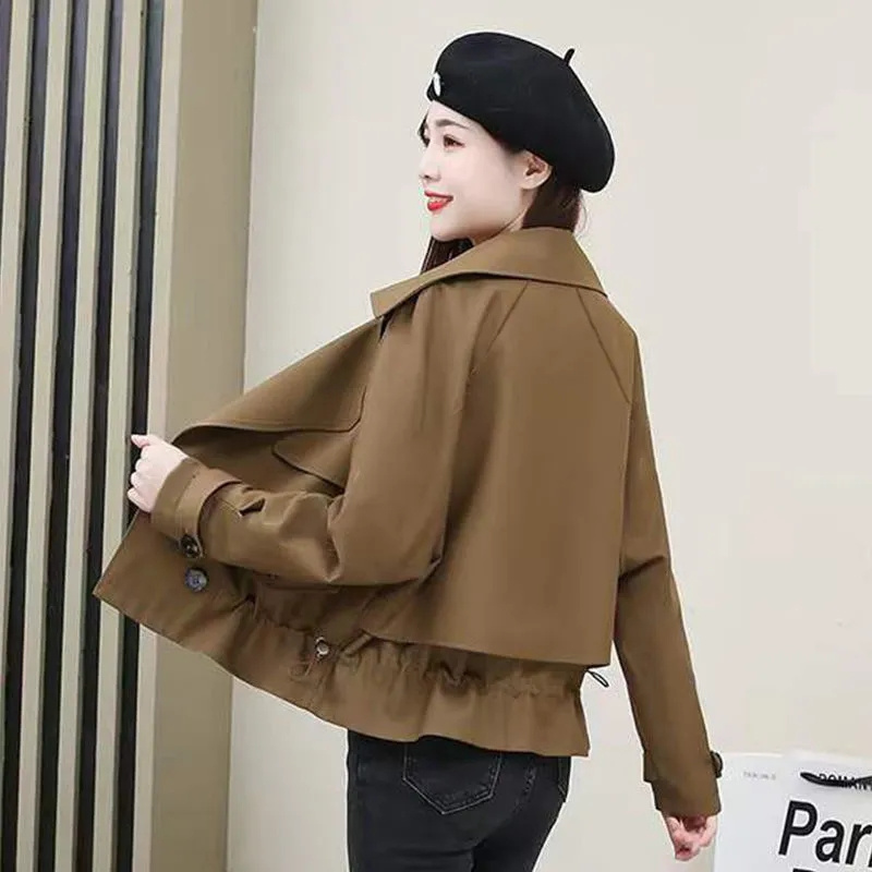 Høj vindjakke dame kort jakke forår og efterår stor revers dobbeltradet jakke top dame trenchcoat