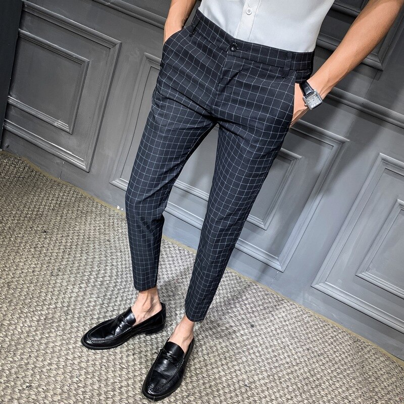 Brittisk stil herr rutiga byxor sommar affärsformella byxor för män slim fit ankellånga kontorsbyxor herr 34-28: Svart / 28 40-50kg