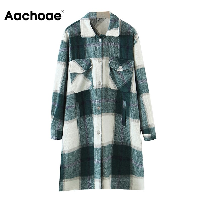 Aachoae dames lange geruite jas met omslagkraag, casual dames wollen jassen, vleermuismouwen, losse zakken, herfst/lente
