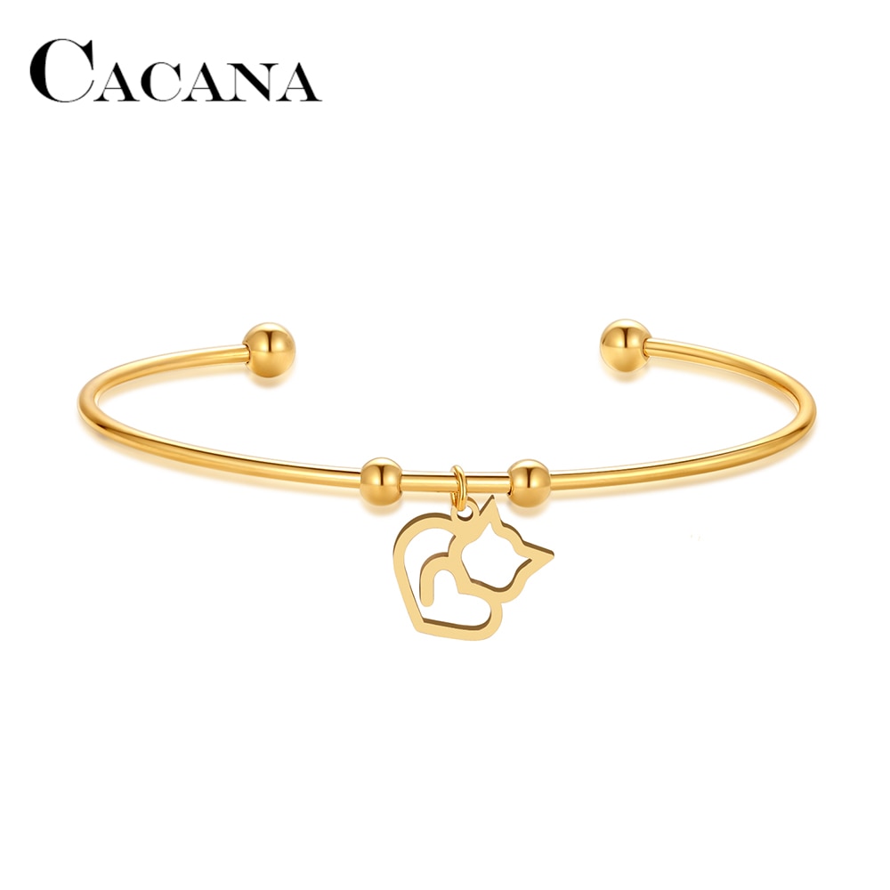 CACANA 316L abierto de acero inoxidable pulsera de Color oro lindo gato Simple de de la joyería para las mujeres pulseras de de boda