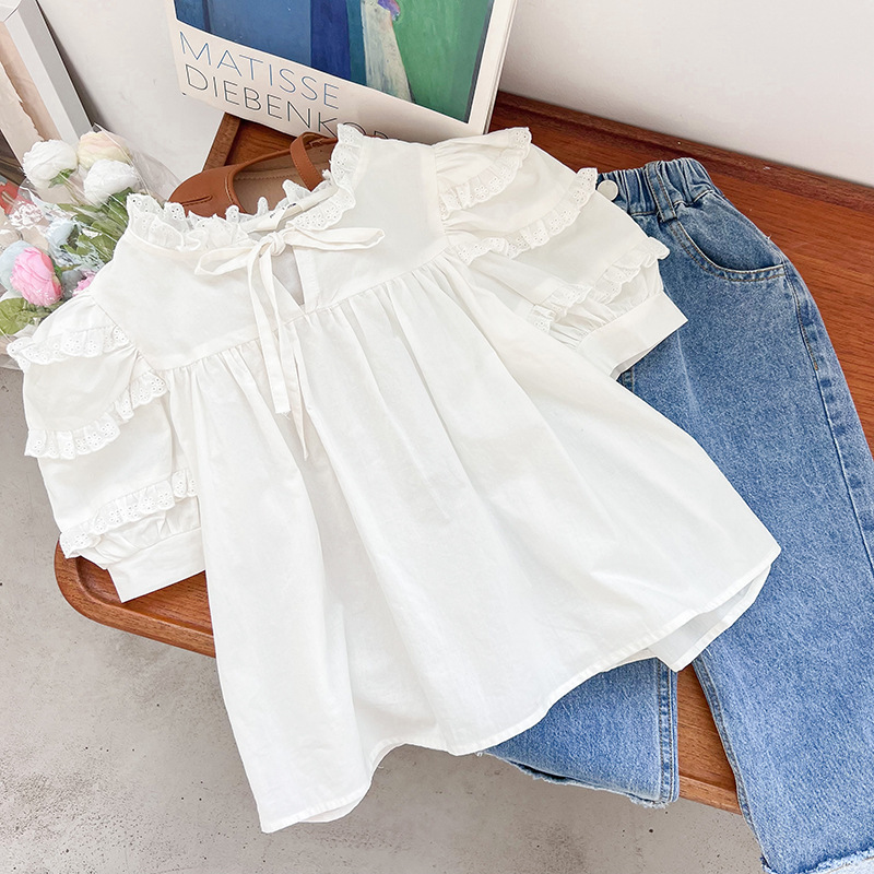 Blusas de cuello alto de encaje para niñas de 1 a 8 años, Tops informales de algodón con manga abombada, color blanco, Verano