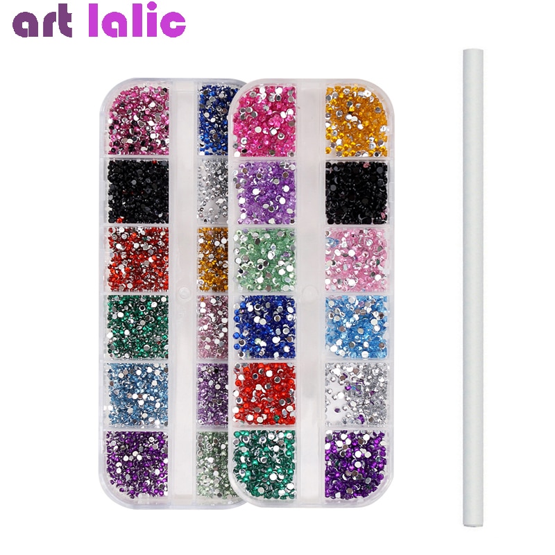 1.5 Mm + 2.0 Mm Nail Rhinestones Met Puntjes Pen Platte Bodem Ronde Kleurrijke Glitters Met Hard Case Diy Nail art Decoraties