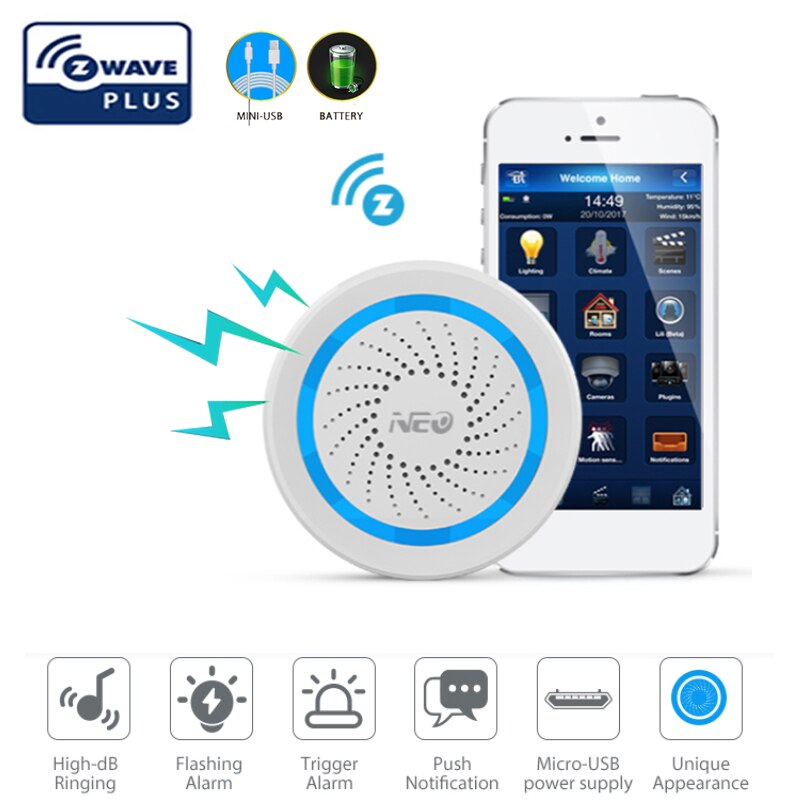 Z-Wave USB Smart Sound Light Alarm Siren Sensor With 300 Series And 500 Series NAS-AB02Z Smart Home Automation Security Alarm