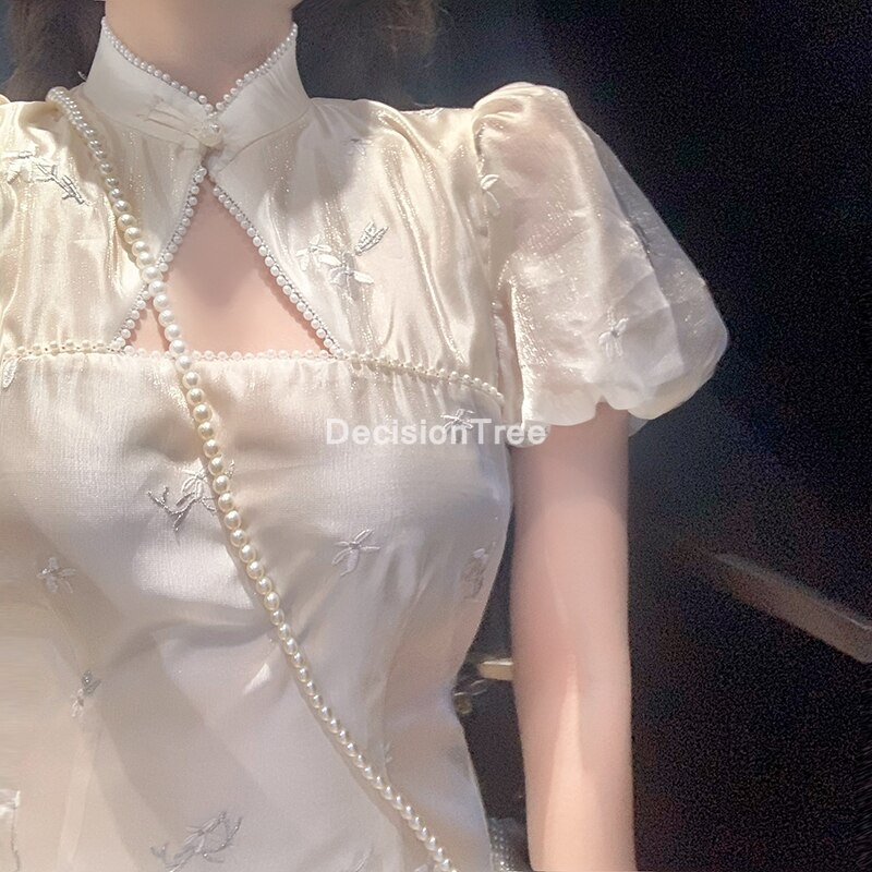 Vestido chino de estilo chino para Encaje vintage, vestido blanco satinado con flores, cheongsam, corto,: M