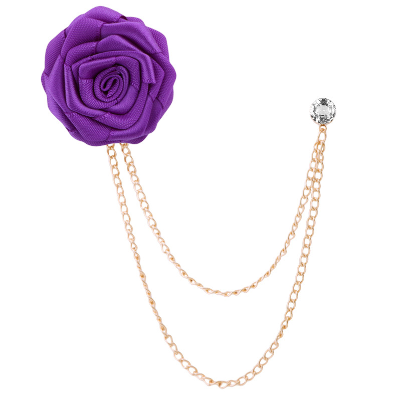Korean Bridegroom Wedding Brooches Cloth Art Hand-made Rose Flower Brooch Lapel Pin Badge Tassel Chain Men's Suit Accessories: SILVER PLATED