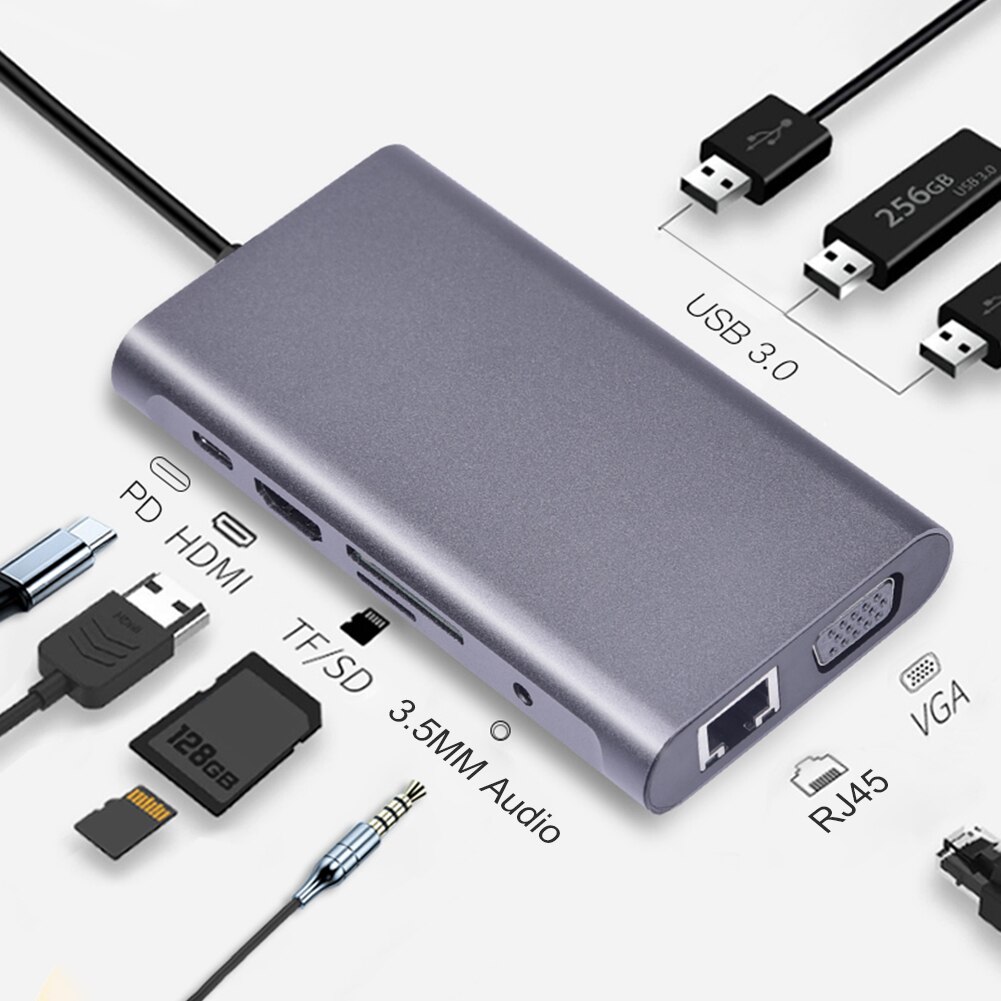 Grey Aluminum Shell 10 in 1 Docking Station Hub USB C HUB Station RJ45 VGA 3 USB3.0 3.5mm SD TF HDMI-compatible PD Adapter