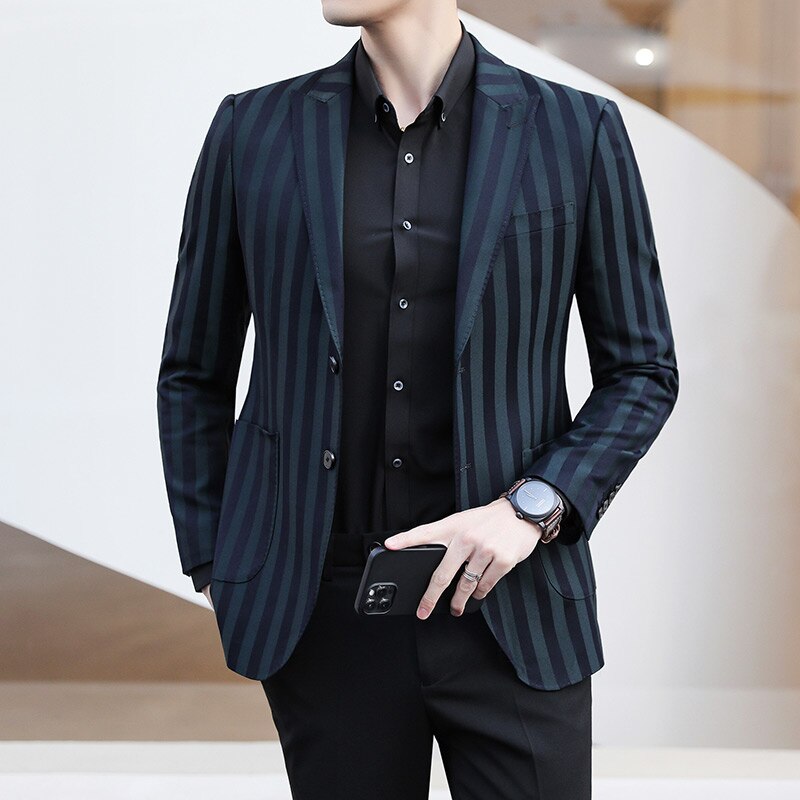 Costume de smoking à revers cranté pour homme, 2 pièces, Slim Fit, rayé, bleu marine, pour marié d&#39;affaires, pour mariage formel, à la ,