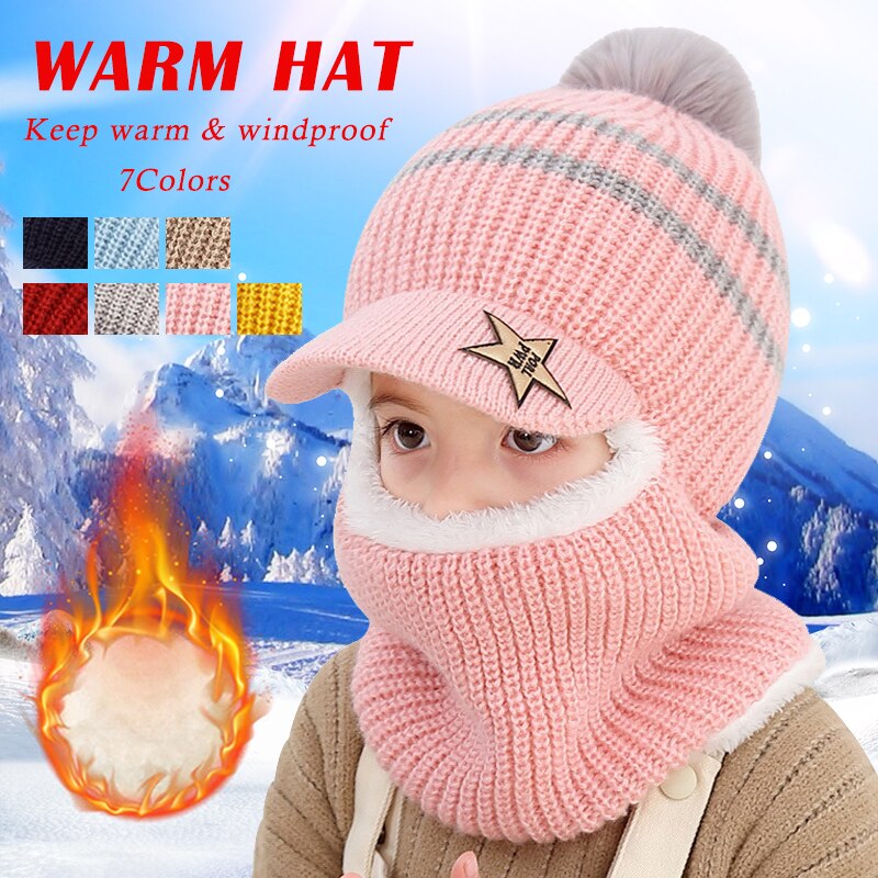 Knit Short Plush Hooded Scarf Kids Hat And Scarf Child Winter Warm Protection Ear Cap Scarves Girls Boy Accessories