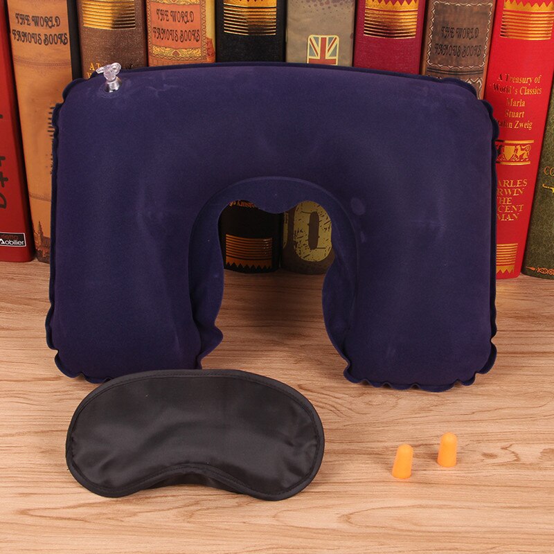 3Pcs U Nekkussen Lucht Opblaasbare Zachte Lichaam Kussen Reizen Vliegtuig Hals Relax Kussen Tractie Massager Met Oordopjes Blinddoek: Navy