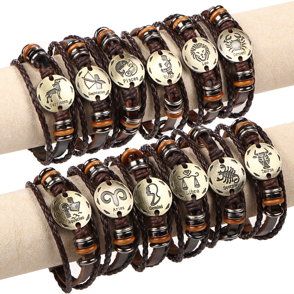 60 pz/lotto 12 costellazione zodiaco intrecciato bracciali in pelle marrone braccialetti per uomo donna Punk ariete leone bilancia gioielli all'ingrosso