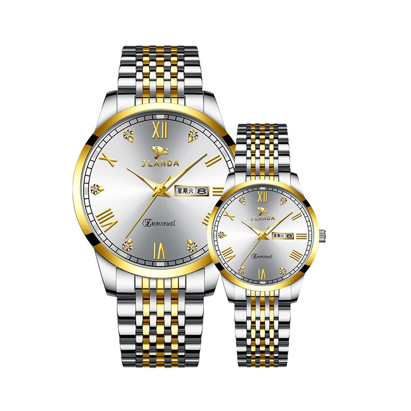 Reloj de lujo para parejas, relojes de pulsera de cuarzo dorados de , de acero inoxidable, analógicos, para mujeres y hombres: White Gold