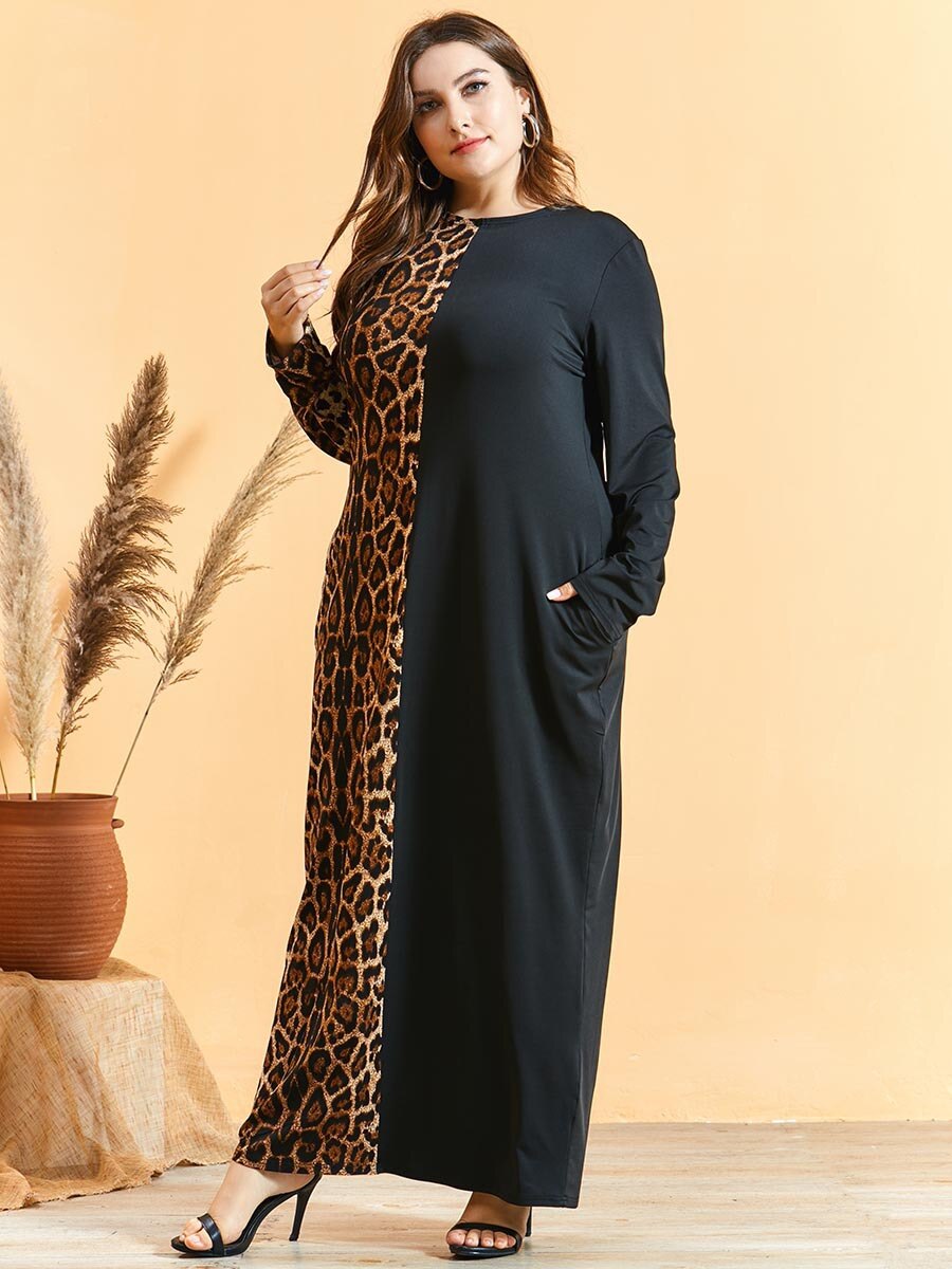 Løs oversize plus size kjole kvinder langærmet leopardprint patchwork maxi lange kjoler tyrkisk arab muslimsk kjole