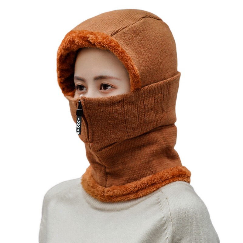 Dames winter warme wollen muts met fluweel dames warme wollen muts met bib masker en oorbescherming stofdichte fietsmutsen: Kameel
