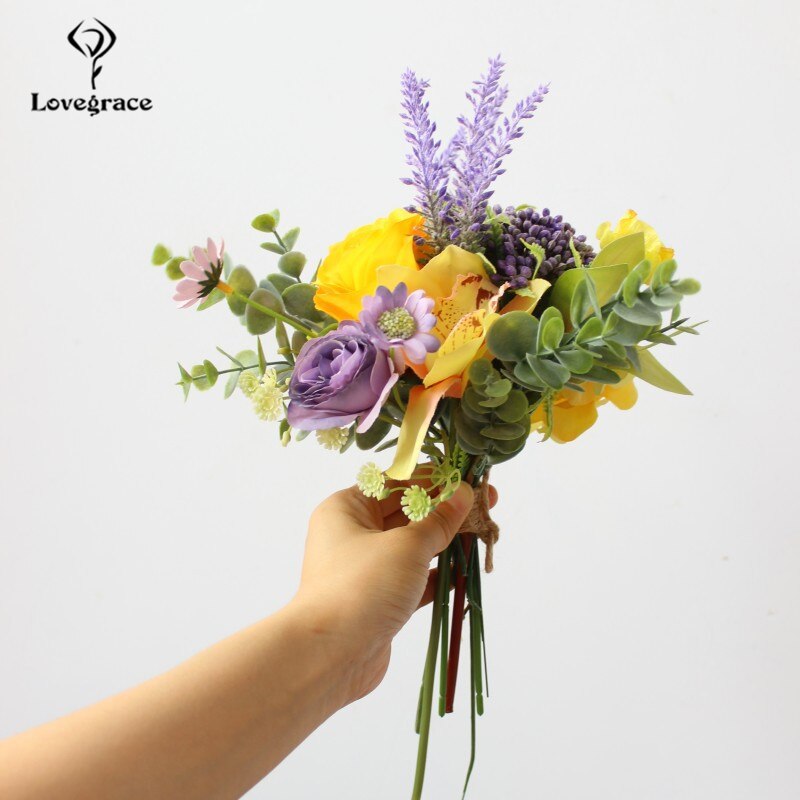 Lovegrace bröllopsbukett brudbukett konstgjord siden ros blomma pion orkidé hortensia lavendel daisy gul bröllop leverans