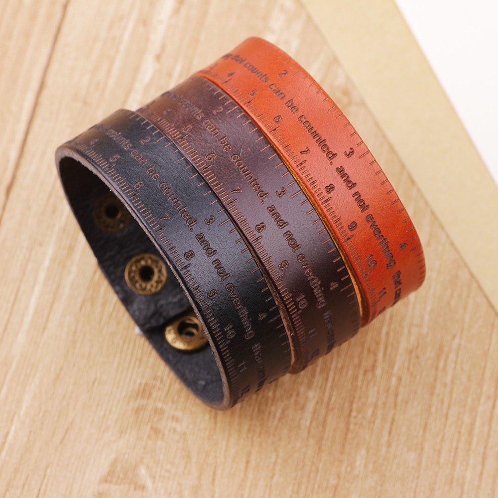 LIKA Multifunctional Ruler Leather Bracelet Men Vintage Wide Cuff Bangles Adjustable Buckle Wristband Male Bracelet Black&Brown