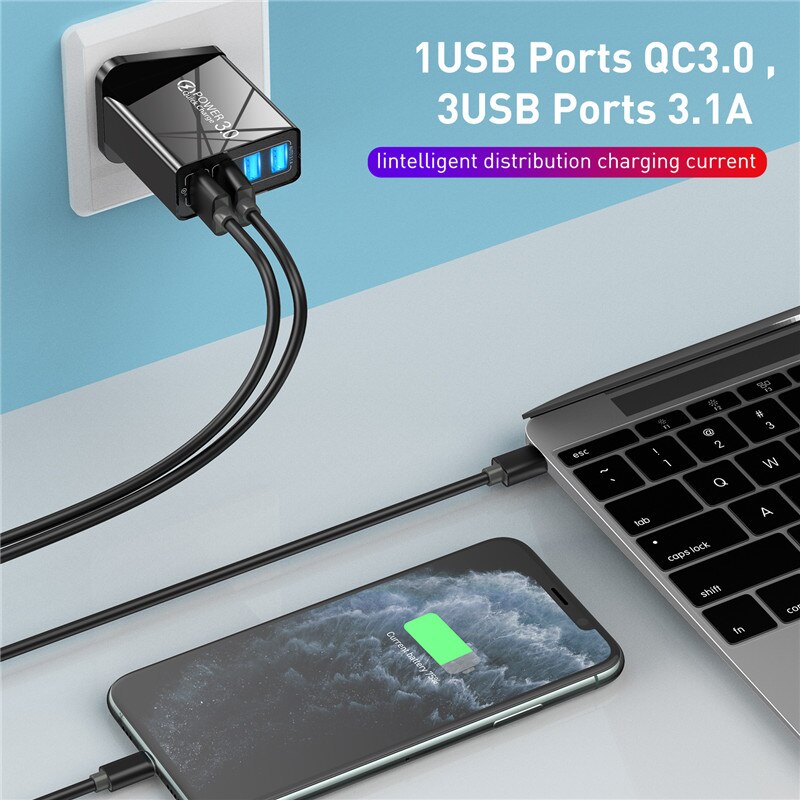 Uslion 48W Uk Usb Lader Quick Qc 3.0 4 Port Usb Charger Voor Iphone 11 Pro Max 7 Samsung s10 Xiaomi Muur Adapter Travel Uk Plug