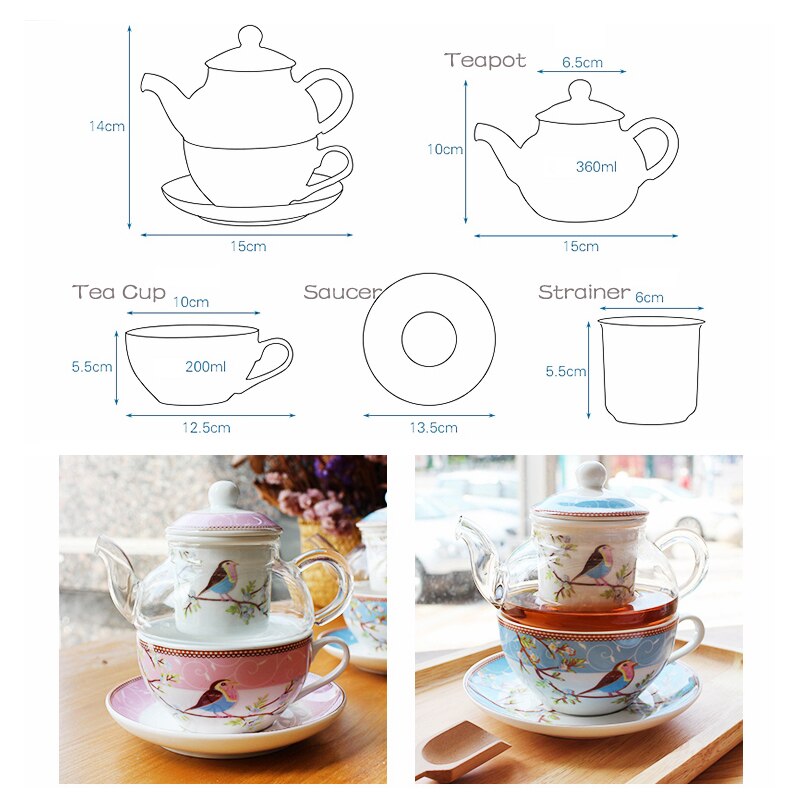Bird and Flower Tea for One Set Rose Blue Teapot Saucer and Teacup Fine Bone China Teaware with Box