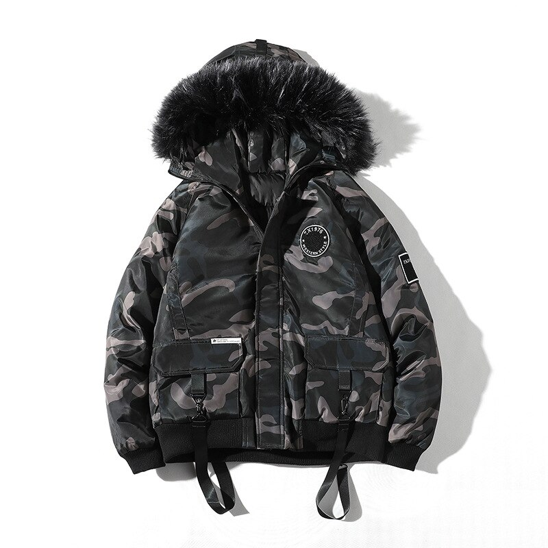 Vinterjacka herr kamouflage casual tjock varm parka manlig päls huva street style camo lös herr överrock abz 95