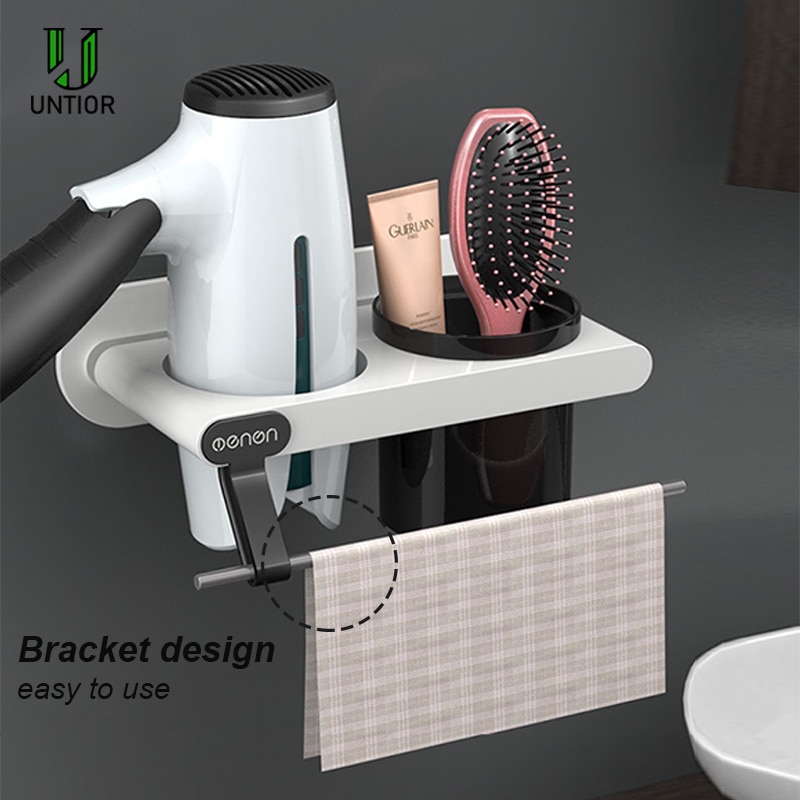UNTIOR Plastic Föhn Houder met Storage Cup Wall Mount Föhn Plank Opslag Nail Gratis Slaapkamer Badkamer Accessoires Set