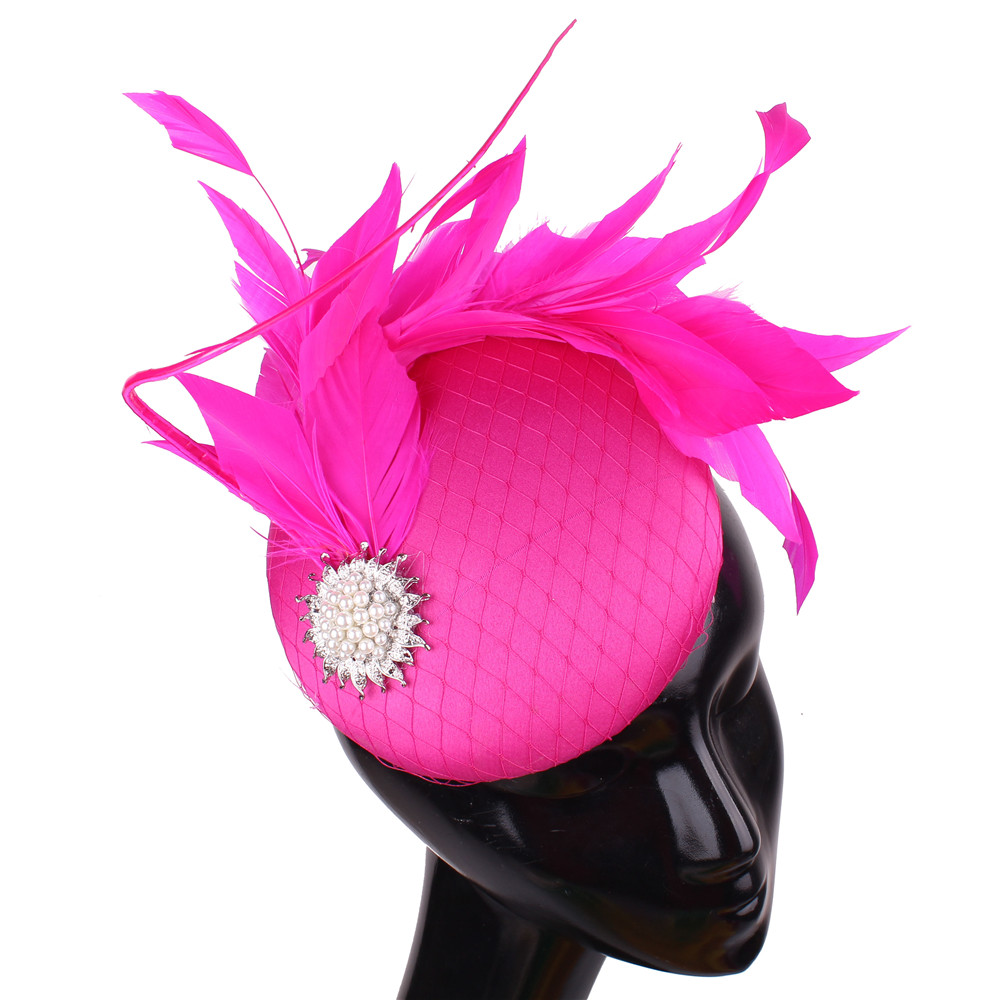 Nice Magenta Satin Hair Fascinator Hat Evening Party Formal Church Ladies Millinery Hat Bridal Wedding Headpieces With Feathers: Rose Red