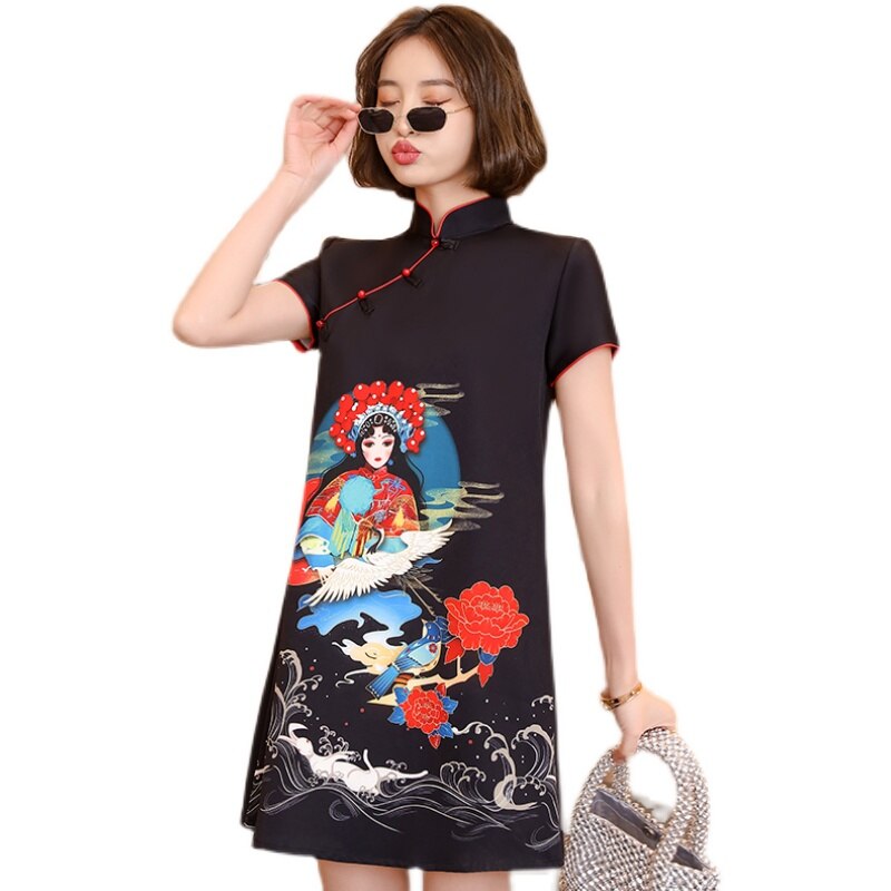M-XXL Beijing Peking Opera Black Loose Modern Trend Cheongsam Dress for Women Qipao Traditional Chinese Clothes: M