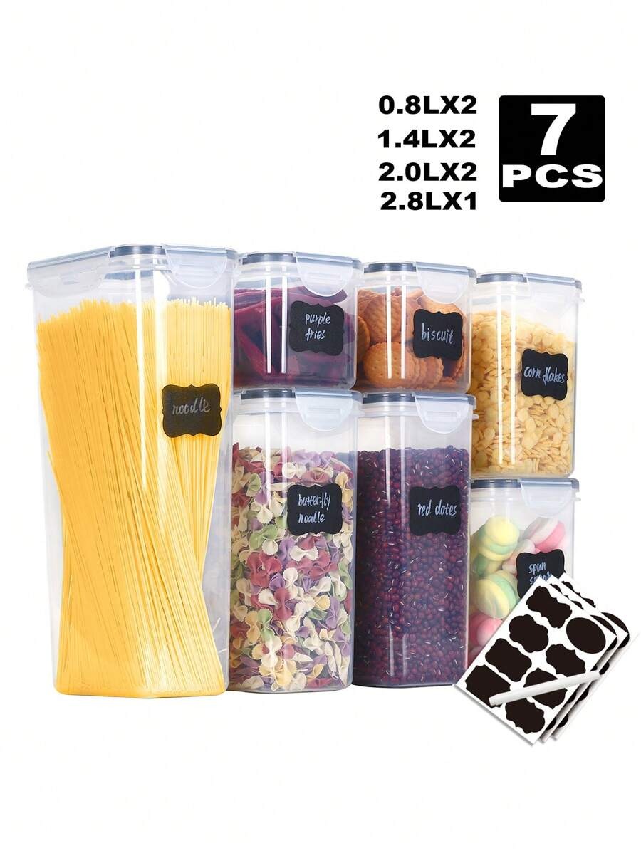 1/3/5/7 stk. opbevaringsglas til mad genanvendelige plastikglas med låg til opbevaring af mad i køkkenet med etiketpapirmarkør: Sort