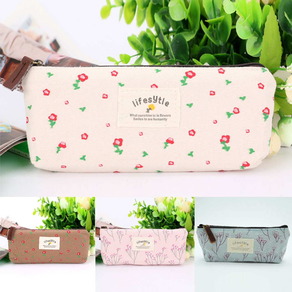 Cute Kawaii Floral Flower Canvas Zipper Pencil Cases Pen Bags School Supplies Women Cosmetic Makeup Storage Bag Purse