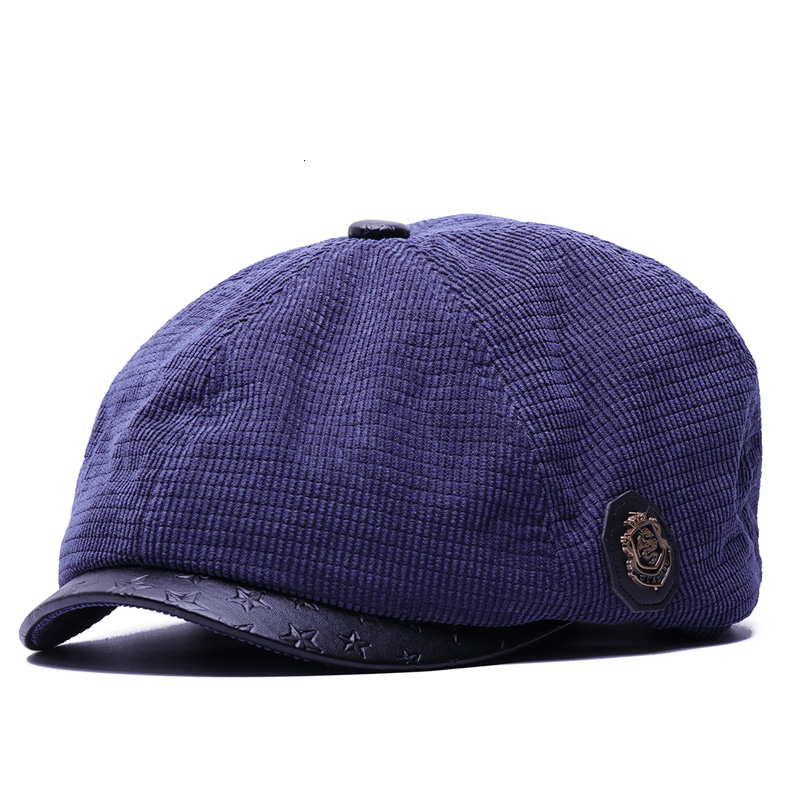 Gorros de invierno de pana para hombre, gorra gruesa y cálida con forro polar, octogonal, informal, para exteriores, 55,5-60cm: navy blue 