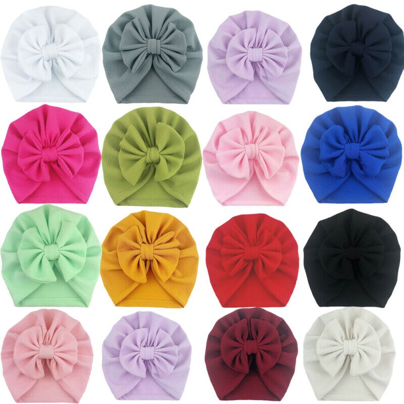 Emmababy Cute Baby Girls Bow Turban Hat Toddler Kids Head Wrap Hijab Solid Headband Cap 0-18 Months.