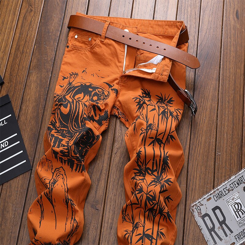 Pantalones vaqueros elásticos con estampado de tigre para hombre, vaqueros elásticos ajustados con pintura de tinta china a la