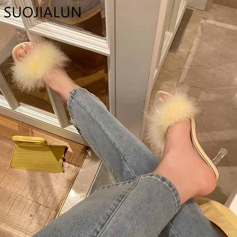 Suojialun kvinnor lurviga tofflor strutshår fluffig sandal dam tunn högklackat plysch slides varma tofflor sho