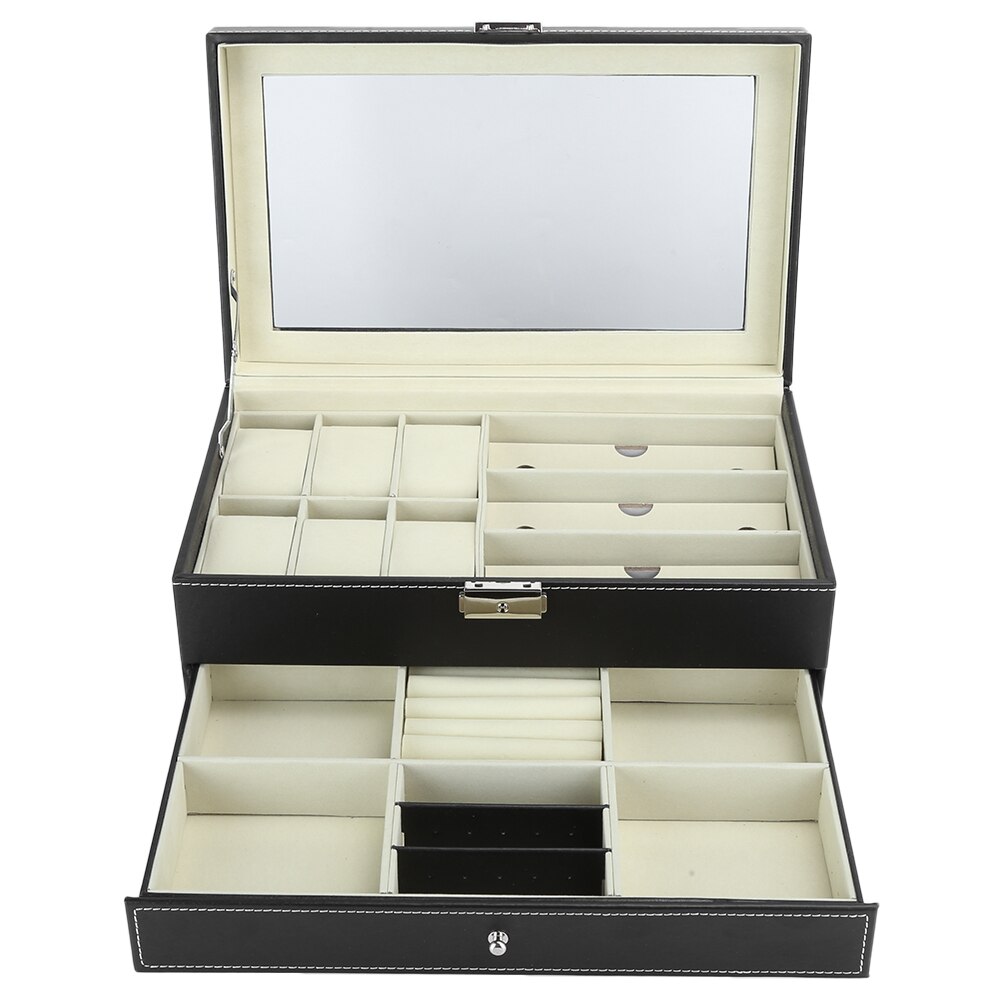 Horloge Opbergdoos Dubbele Laag Grote Capaciteit Pu Lederen Sieraden Oorbel Ring Ketting Glazen Display Case Organizer Houder
