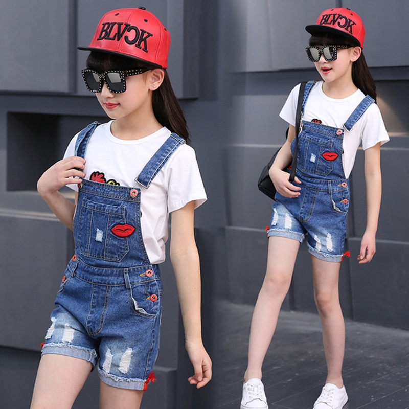 Sommar barn flickor broderi jeans jeans shorts overall jumpsuit för tjej barn skoloveraller 5 6 7 8 10 11 12 år