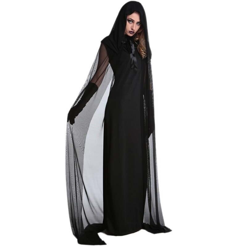 Vrouwelijke Halloween Heks Plus Size Lange Jurk Kostuum Herfst Winter Zwarte Jurken Met Hoed En Handschoenen 1 Set