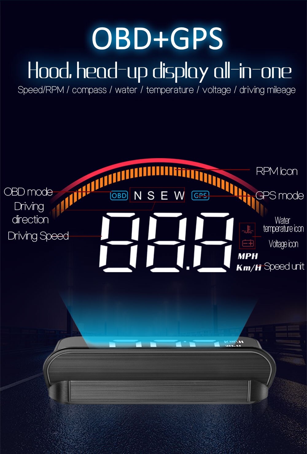 Universal M11 OBD2 HUD Head Up Display Car GPS speedometer RPM Water temp Windshield Projector Security Automatic Alarm