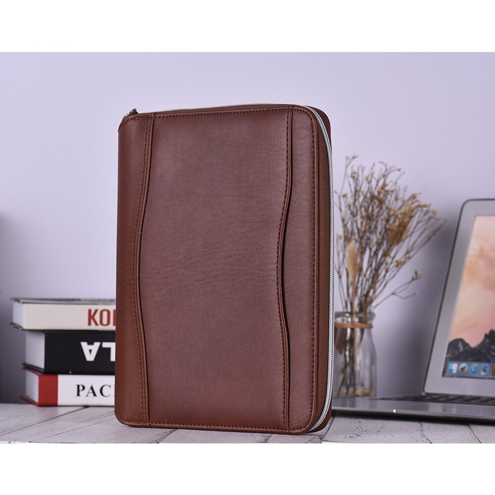 PU Leather Business Portfolio Holder Organizer Folder Document Storage Zippered Closure Loose-leaf Loop Card Slot